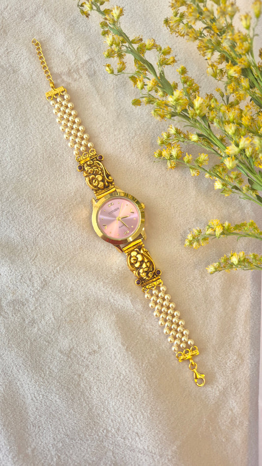 Pink Dial pearl strap watch