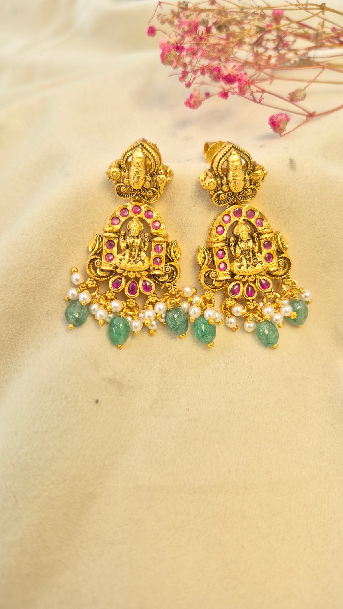 3D Ball chain Lakshmi Balaji red stone necklace with earrings set