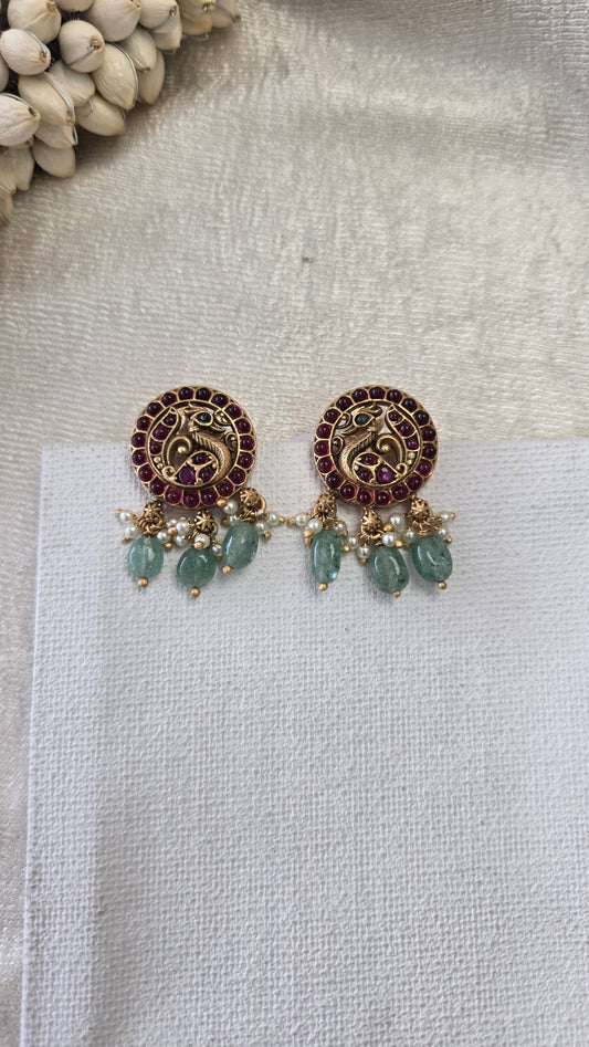 Peacock kundan earrings with green bead drops
