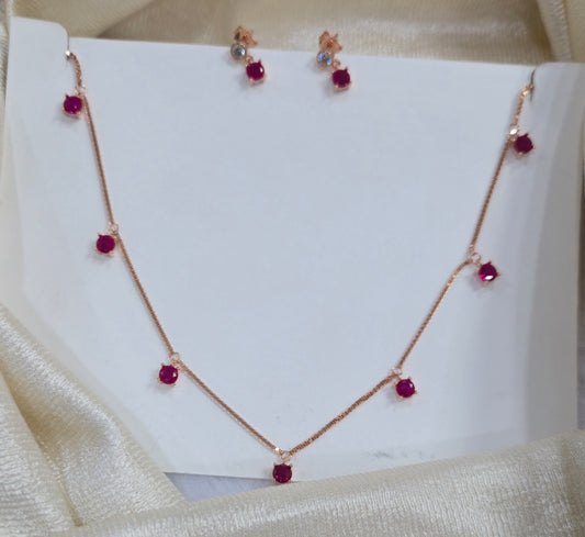 Red stoned rose gold invisible chain with earring(Bombay screw)