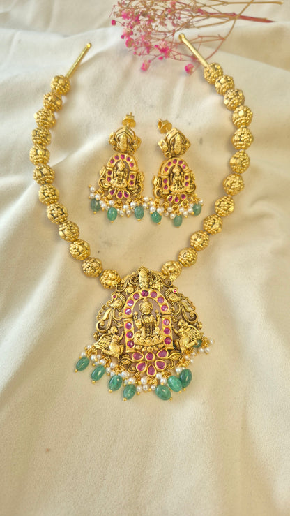3D Ball chain Lakshmi Balaji red stone necklace with earrings set
