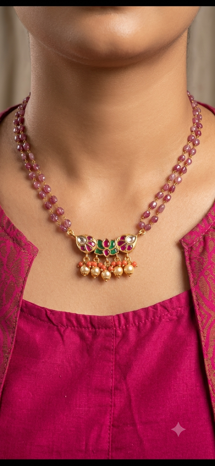 Ruby beads mala with kundan pendant