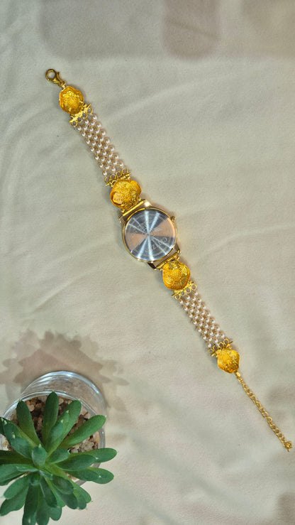 Gold Dial Gandaberunda pearl strap watch
