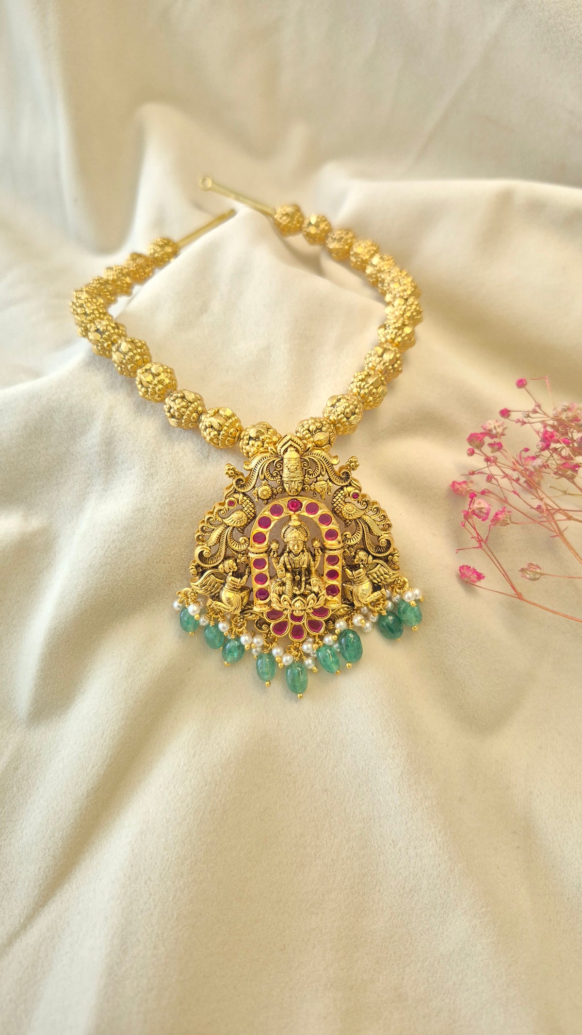 3D Ball chain Lakshmi Balaji red stone necklace with earrings set