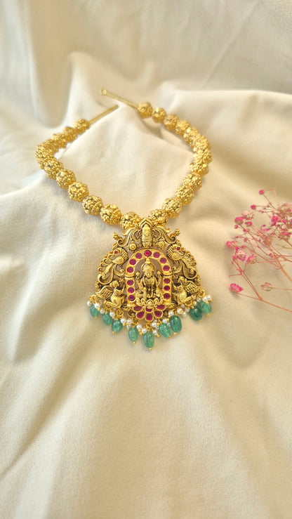 3D Ball chain Lakshmi Balaji red stone necklace with earrings set