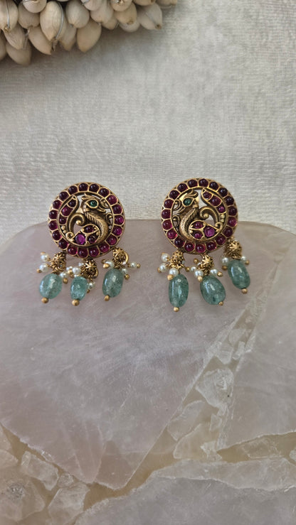 Peacock kundan earrings with green bead drops