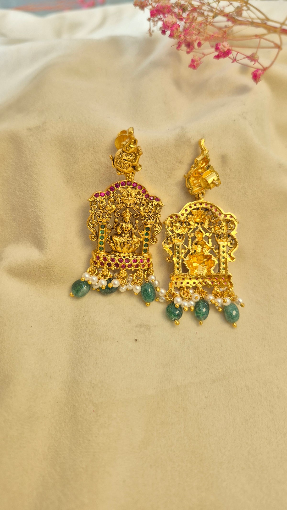 3D Ball chain Lakshmi red and green stone necklace with earrings set