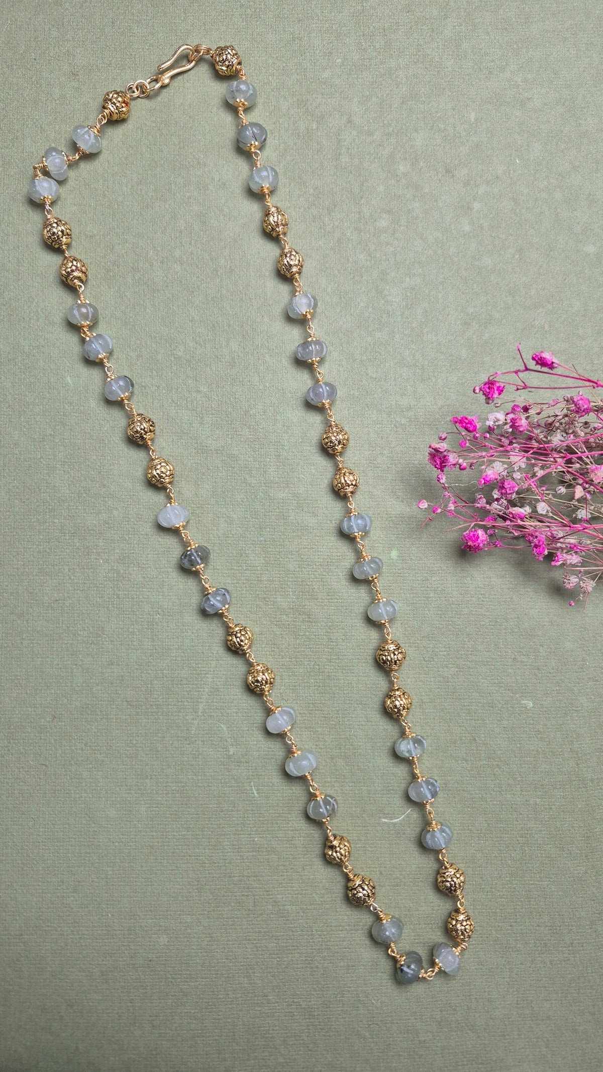Pumpkin carved strawbery Quartz mala with silver balls