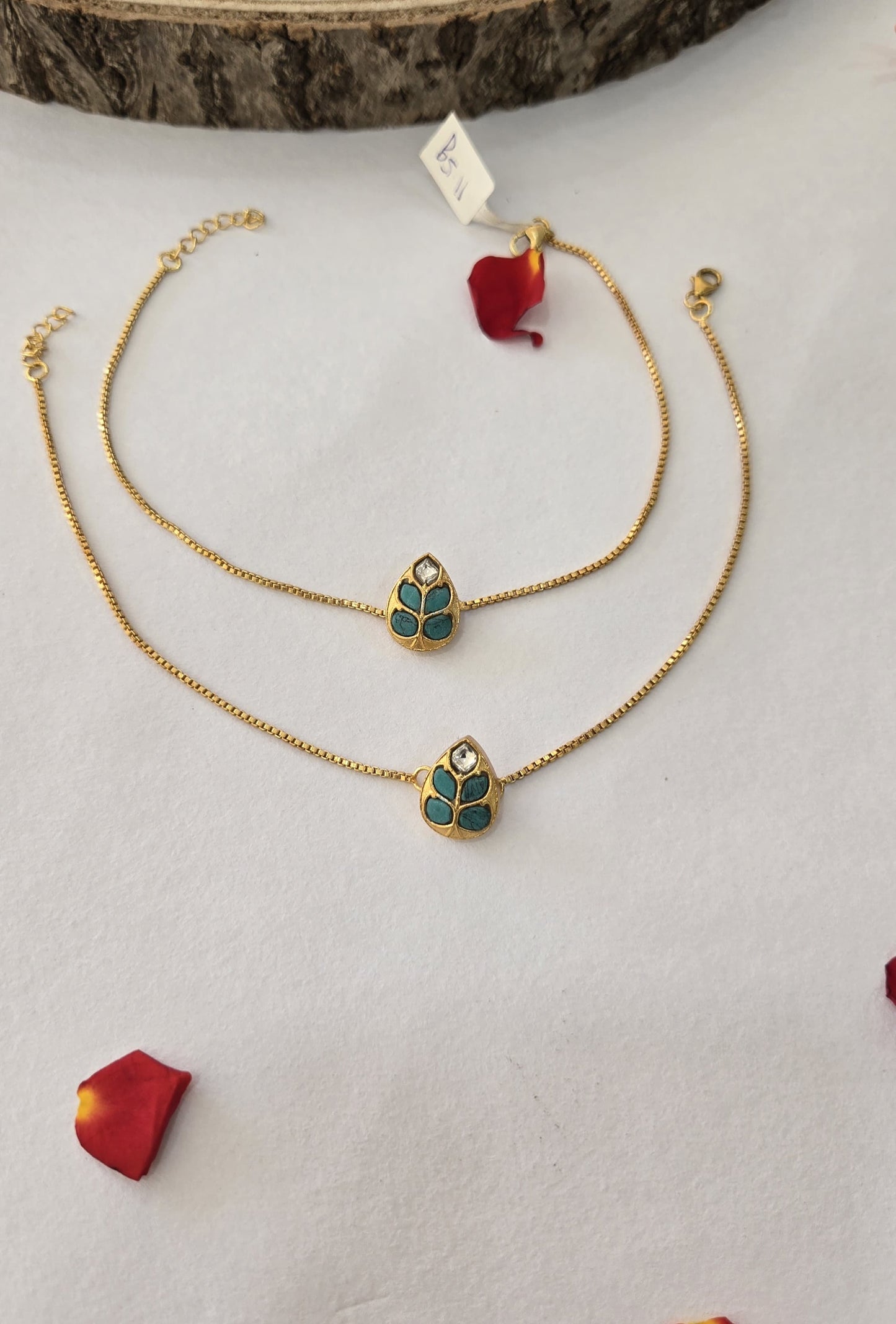 92.5 silver with 24k gold polish Kundan Anklets with turquoise leaf motifs
