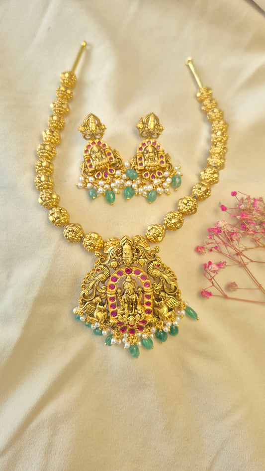 3D Ball chain Lakshmi Balaji red stone necklace with earrings set