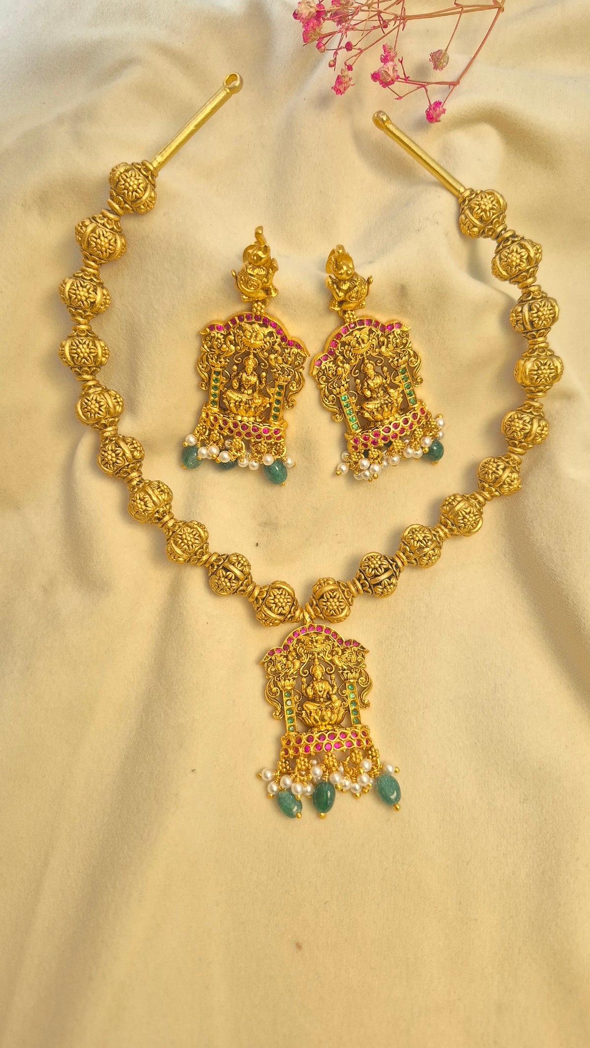3D Ball chain Lakshmi red and green stone necklace with earrings set