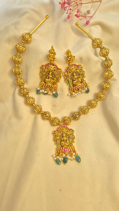 3D Ball chain Lakshmi red and green stone necklace with earrings set