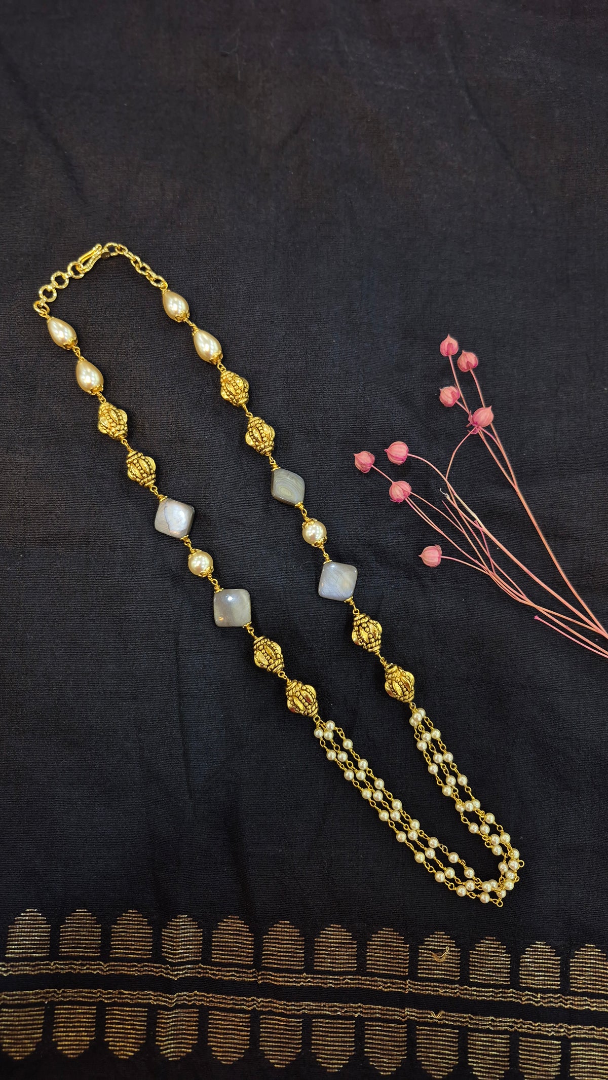 Pearls mala with silver balls