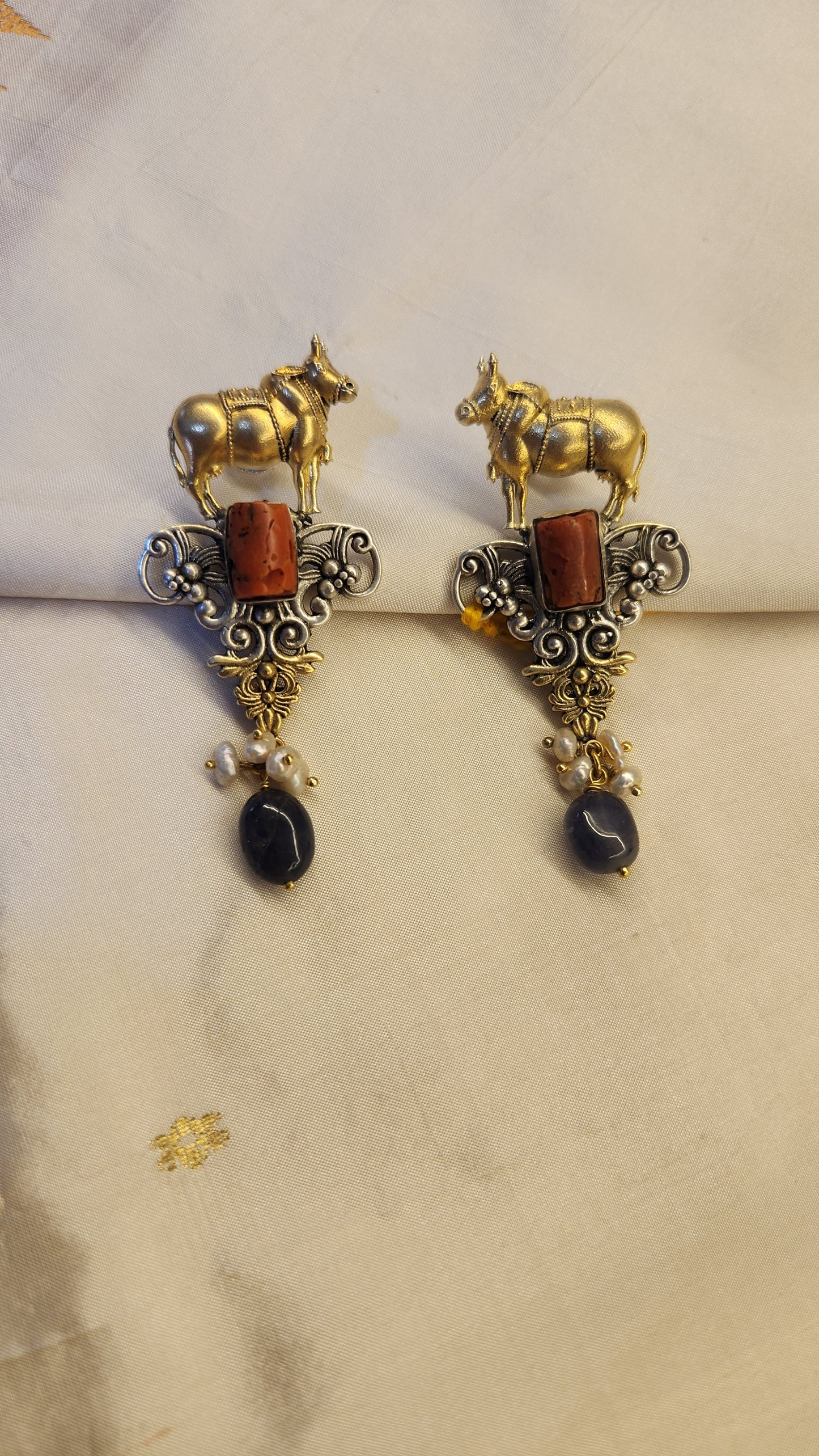 Dual tone oxidised Contemporary coral silver fusion Earrings with semi precious drops