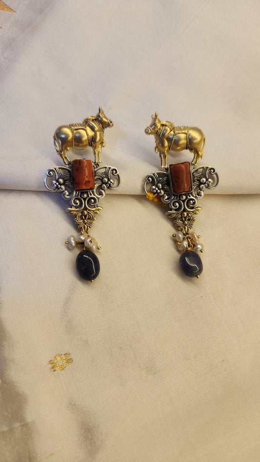 Dual tone oxidised Contemporary coral silver fusion Earrings with semi precious drops