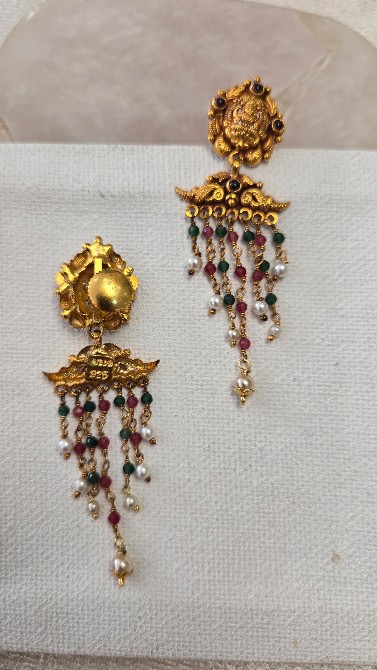 Pearl and green bead Hanging Nagas Earrings