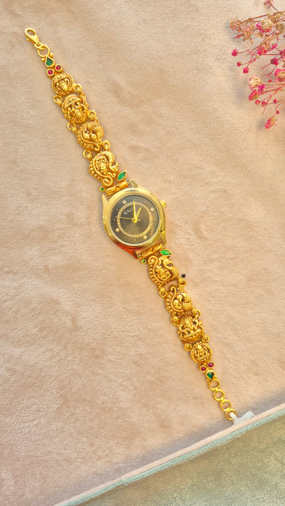 Peacock and lakshmi silver strap with black dial watch